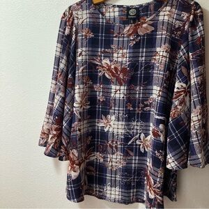 Bobeau Floral Plaid Women's Top Flared Sleeves